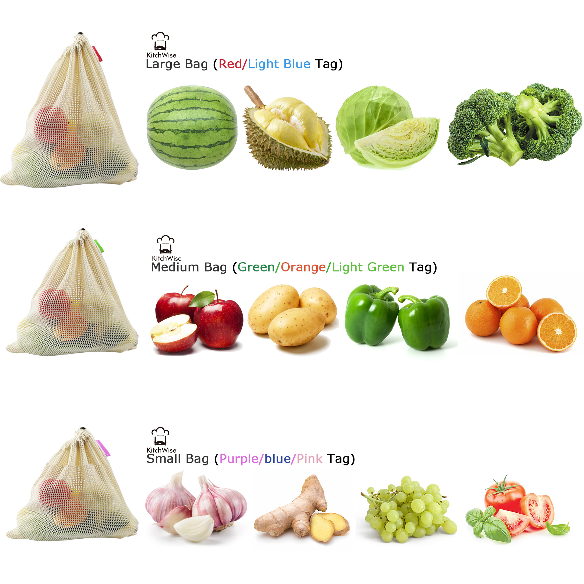 Kitchwise Reusable Grocery Produce Bags Ecofriendly Bags Set of 16